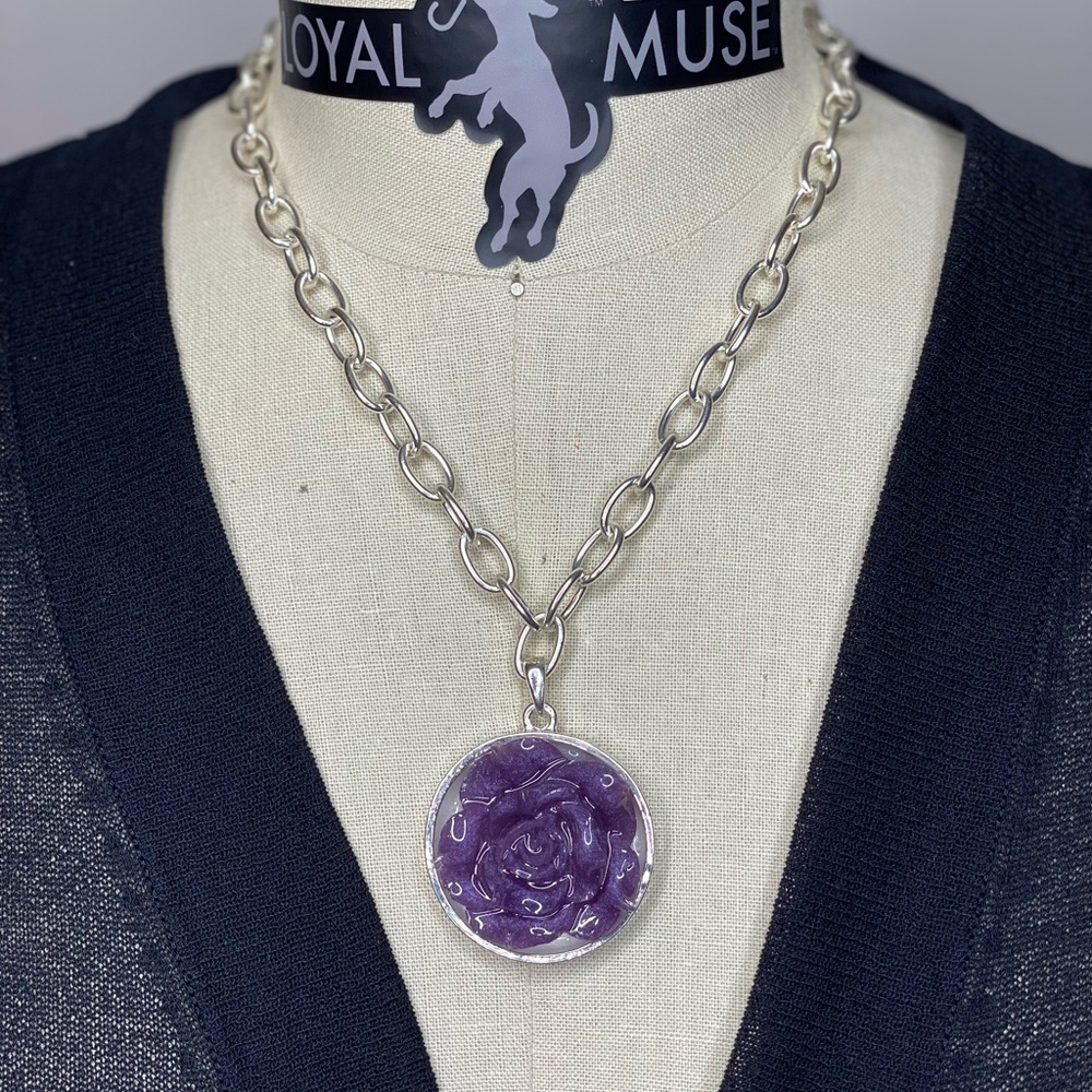 Purple & Silver Rose Pendant (2”) Necklace LOYAL MUSE 19” long - Picture 4 of 5